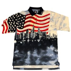 Tabasco Polo Shirt Mens XL Patriotic NYC Skyline American Flag Red White Blue